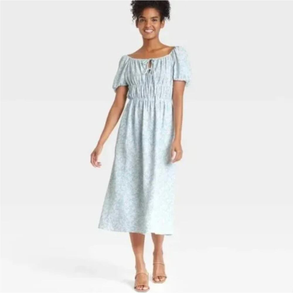 Who What Wear Blue Floral Puff Sleeve Midi Dress - Size M